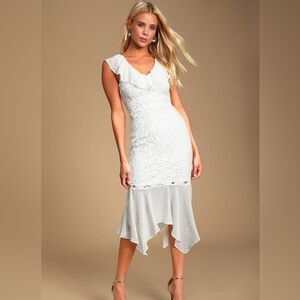 Lulus | Dagny White Lace Swiss Dot Ruffled Midi Dress | S NWT